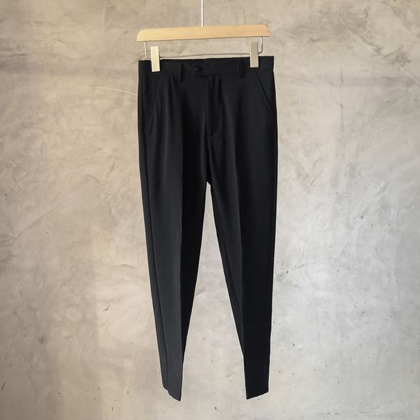 Summer Ice Silk Men's Cropped Suit Pants Flowy Nine Point Business Casual Korean Style Straight Leg Loose Fit_viptrois.com