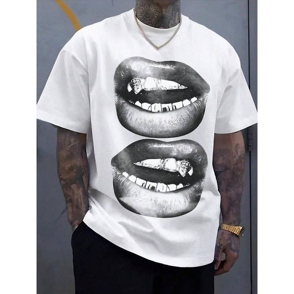 Manfinity ZONE917 Camiseta Estilo Callejero Blanca Hombre Manga Corta Con Patrón De Boca En Blanco Y Negro, Adecuada El_viptrois.com