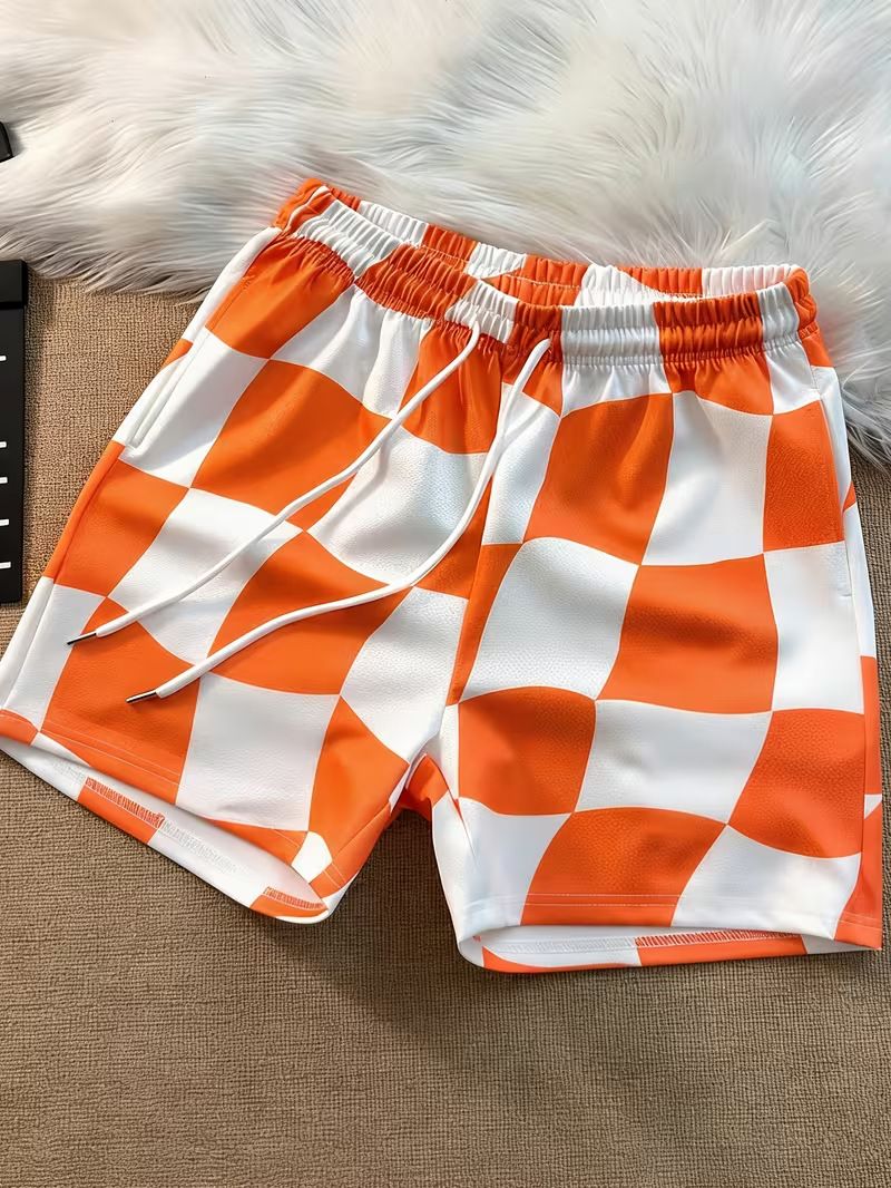 Men's Color Blocked Checkerboard Print Loose Fit Drawstring Breathable Sporty Casual Beach Shorts_viptrois.com