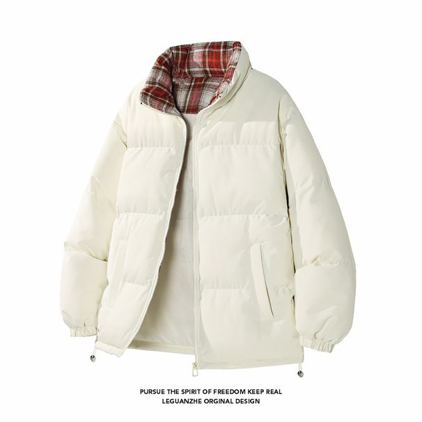 Plaid Stand Collar Puffer Winter New Fleece Lined Thickened Warm Down Coat Men's Cotton Jacket Outerwear_viptrois.com