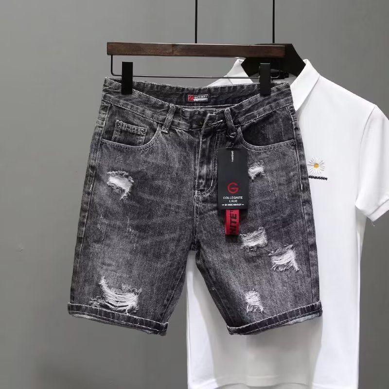 Trendy Brand Fashion Personality Embroidery Slim Straight Leg Denim Shorts Men Ins Korean Version Trendy Summer Black_viptrois.com