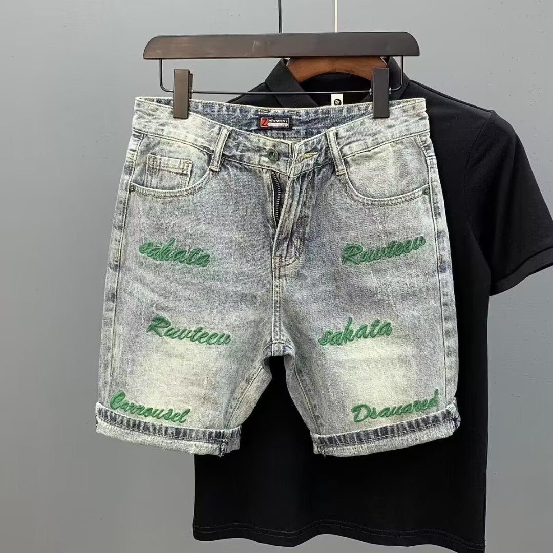 Brand Personalized Green Letter Embroidered Cowboy Shorts For Men In 2024 Summer, Thin Style, Trendy And Handsome, Slim_viptrois.com