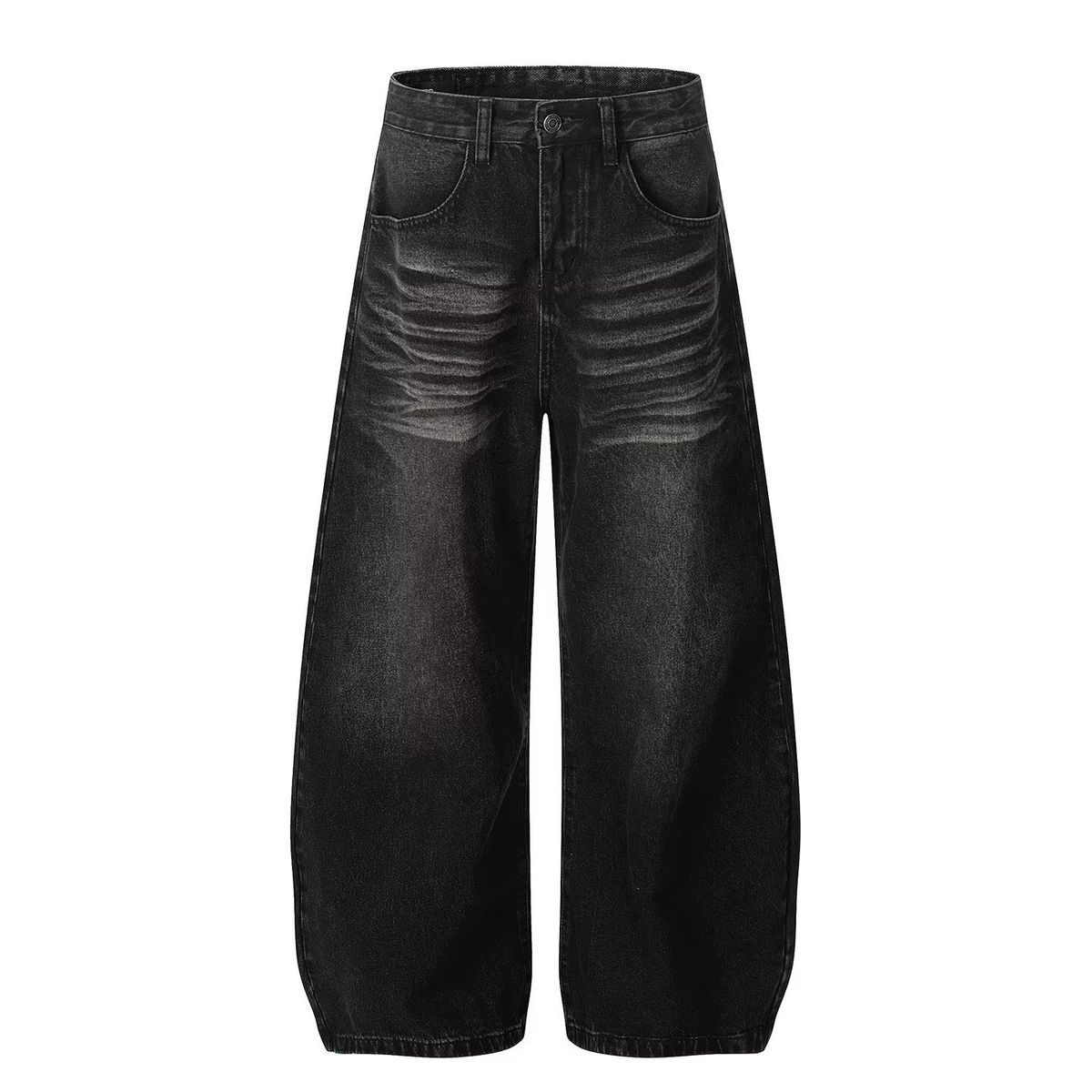 Vintage Black Washed Distressed Jeans 90s Baggy Wide-Leg Denim Pants With Cat Whisker & Crooked Blade Wash, Streetwear High Waist Relaxed Fit_viptrois.com