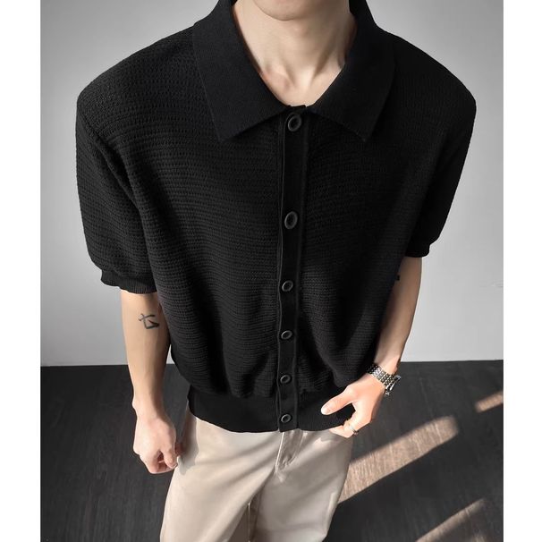 Men's Old Money Style Button Down Knit T-Shirt Trendy Brand Solid Color Casual Short Sleeve Summer Simple Collared Top_viptrois.com