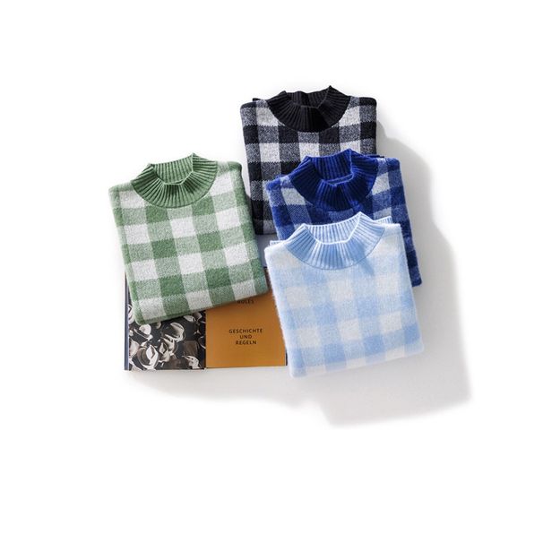 Loom In Stock Foreign Trade 2024 European And American Plaid Color Block Wool Men's Half Turtleneck Thickened Warm Sweater_viptrois.com