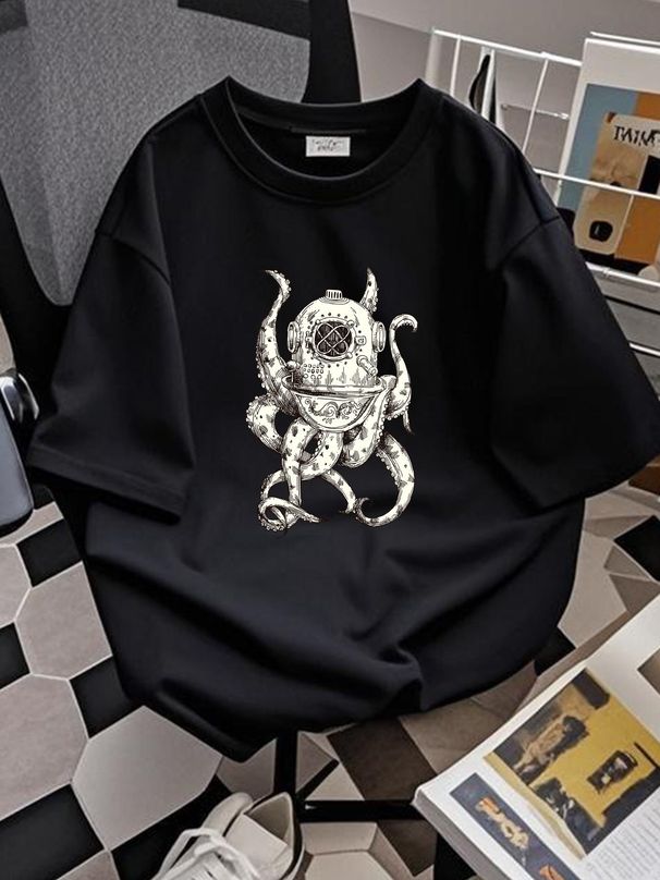 Steampunk Octopus Kraken Cthulhu Mens Cotton T-Shirt Tee Top Summer Stretched Graphic Versatile Soft Unisex Streetwear Homme Casual Comfortable_viptrois.com