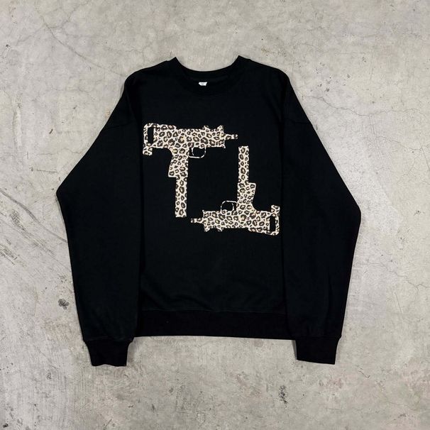 Unisex Streetwear Dark Style Pullover Hoodie With 3d Leopard Print & Uzi Graphic - Oversized Fit, Black_viptrois.com