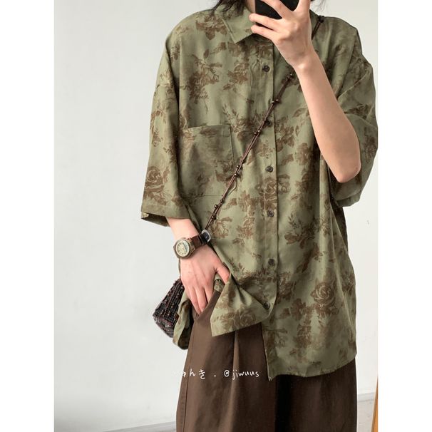 Summer Japanese Retro Harajuku Floral Unisex BF Style Street Gender-Neutral Short Sleeve Shirt Jacket_viptrois.com