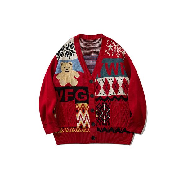 Men's Clothing American Cartoon Letter Print Oversized Knit Cardigan Sweater - V-Neck Long Sleeve Pullover (Red, Coffee, Beige, Black)_viptrois.com