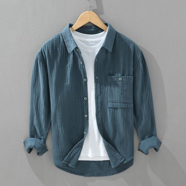Long Sleeved Shirt New Men's Spring Autumn Loose Pure Cotton Shirt Solid Color Lapel Shirt Jacket_viptrois.com