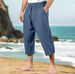 Men's Clothing Casual Summer Waist Drawstring Multi Pocket Cotton And Linen Cropped Trousers Beach Pants_viptrois.com
