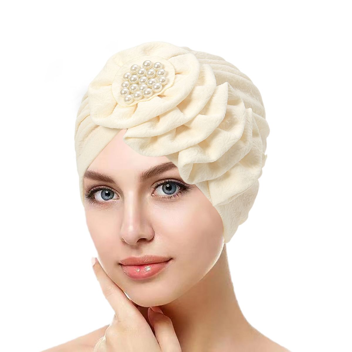 new four season multi color flower solid color wrinkled long one sided appliqué headscarf hat fashionable street photography hat_viptrois.com