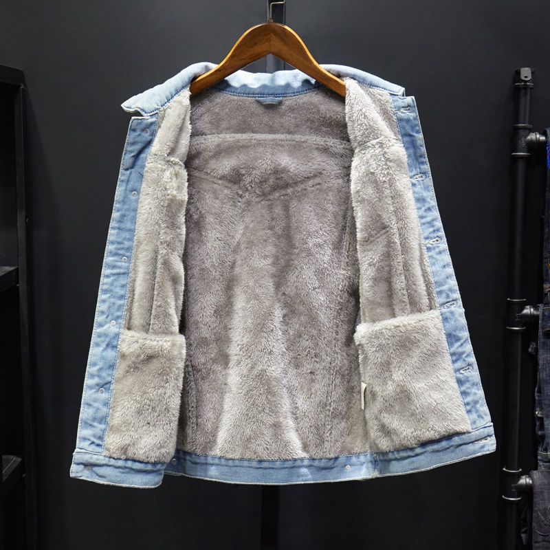 Fleece Thickened Denim Jacket Men's Autumn Lamb Wool Men's Casual Jacket Thermal Cotton-padded Jacket Plus Size_viptrois.com
