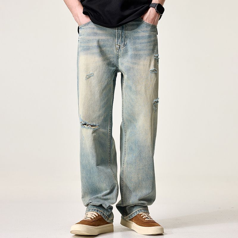 Men's Light Color Ripped Jeans Loose Straight Leg Mid Waist Cotton Wide Leg Pants Retro American High Street Trendy Brand_viptrois.com