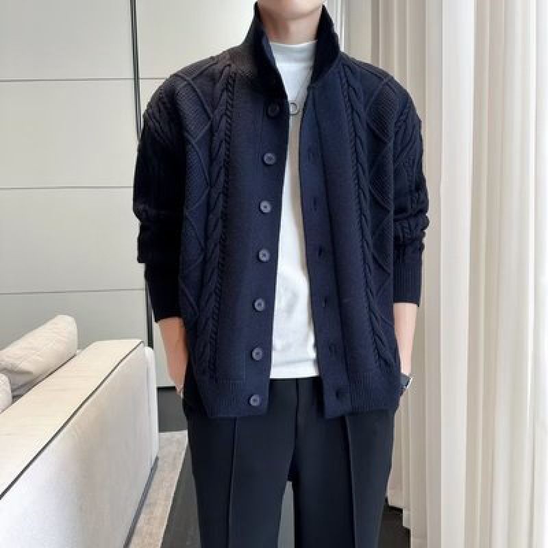 Knitted Sweater Jacket For Men, Autumn And Winter Loose Cardigan Sweater, Handsome Stand Up Collar, Thread Jacket_viptrois.com