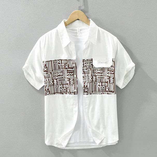 Splicing Printed Short Sleeved Shirt For Men, Fashionable, Casual, Versatile, Artistic And Loose Top_viptrois.com