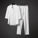 men's clothing thin three-quarter sleeve t-shirt casual suit men's summer large size loose mid-sleeve trousers cotton and linen two-piece set_viptrois.com