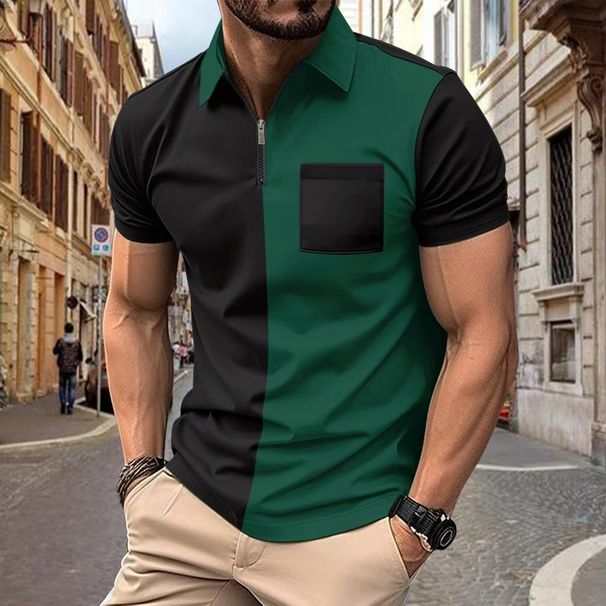 Men's Clothing Polo Shirt Chest Pocket Color Matching Zipper Casual Fashion Short Sleeved T Shirt_viptrois.com