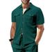 Men's Clothing Waffle Short Sleeved Casual Solid Color Lapel Button Pocket Versatile Shirt_viptrois.com