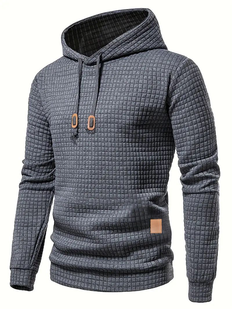 Men's Waffle Jacquard Hoodie - Breathable Long Sleeve Pullover With Drop Shoulder, Casual Streetwear Sweatshirt For Gym & Daily Wear_viptrois.com