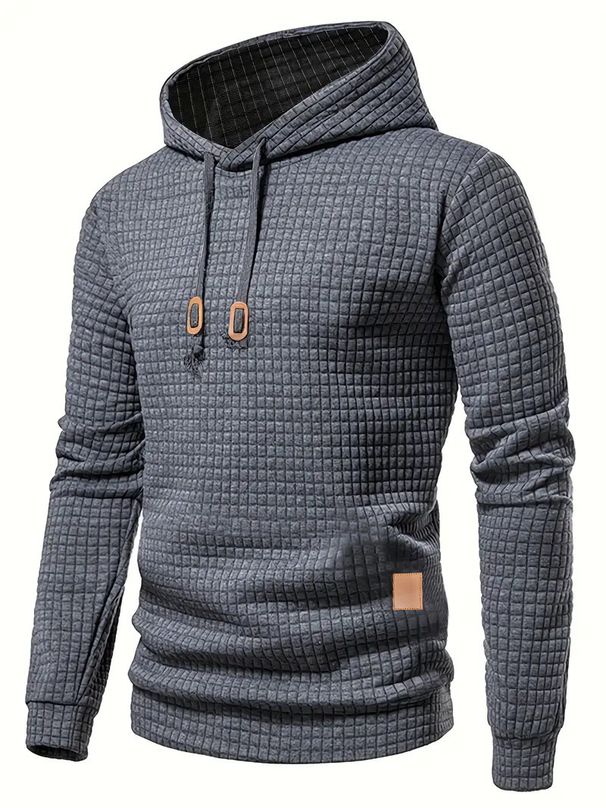 Men's Waffle Jacquard Hoodie - Breathable Long Sleeve Pullover With Drop Shoulder, Casual Streetwear Sweatshirt For Gym & Daily Wear_viptrois.com