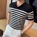 Summer Men's Ice Silk Thin Polo Shirt V Neck Short Sleeve Knitted Horizontal Striped Turn down Collar Trendy T-Shirt_viptrois.com