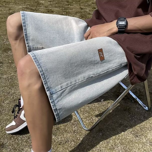 Men's Clothing Denim Shorts Men's 2024 Summer New American High Street Trend Loose Versatile Simple Drawstring Casual Pants_viptrois.com