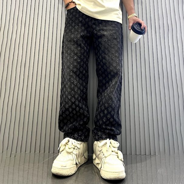 Men's Clothing Print High Street Fashion Brand Ins Design Jeans Loose Straight Washed Wide Leg Long Pants_viptrois.com