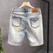 Light Colored Ripped Jeans Men's 2024 Summer Thin Loose Shorts Trendy Printed Casual Versatile Five Quarter Pants_viptrois.com