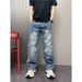 Men's Vintage Washed Denim Pants, Gradient Straight-Leg Jeans With Unique Curved Hem Design For Casual Wear_viptrois.com