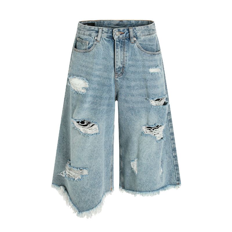 Men's Clothing Retro High Street Washed Irregular Ripped Denim Shorts Trendy Rest Wide Leg Loose Cropped Trousers_viptrois.com