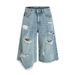 Men's Clothing Retro High Street Washed Irregular Ripped Denim Shorts Trendy Rest Wide Leg Loose Cropped Trousers_viptrois.com