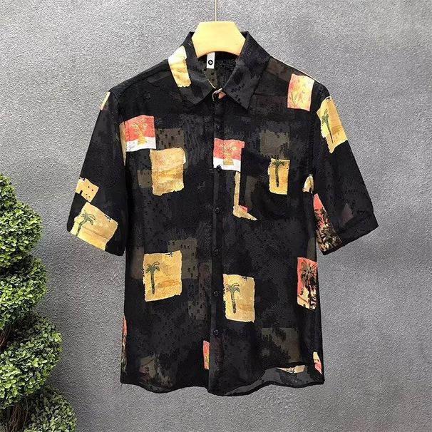 Men's Clothing Summer Thin Short Sleeved Five Point Sleeve Floral Shirt Men's High End Loose Jacquard Shirt Breathable Ice Silk Handsome Top_viptrois.com