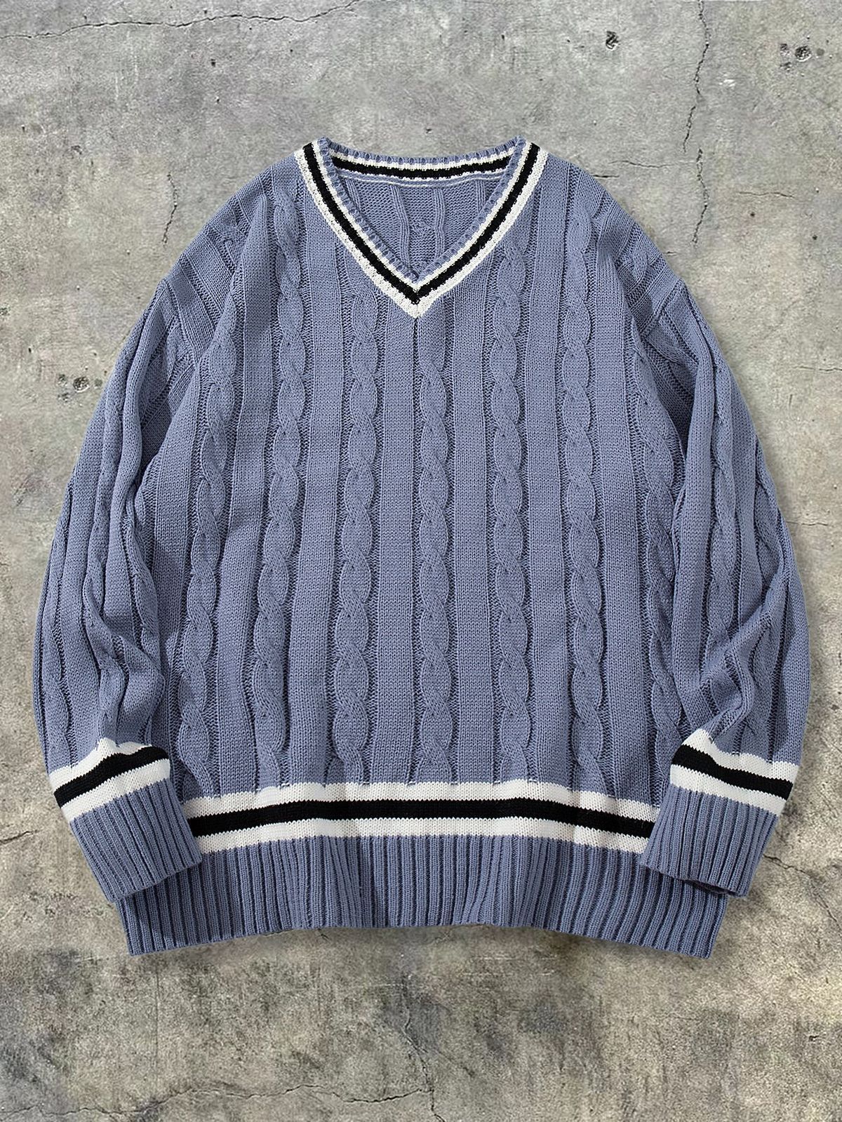 Men's Clothing College Style V Neck Knit Sweater New Loose Casual Versatile Long Sleeve Cable Knit Sweater For Men_viptrois.com
