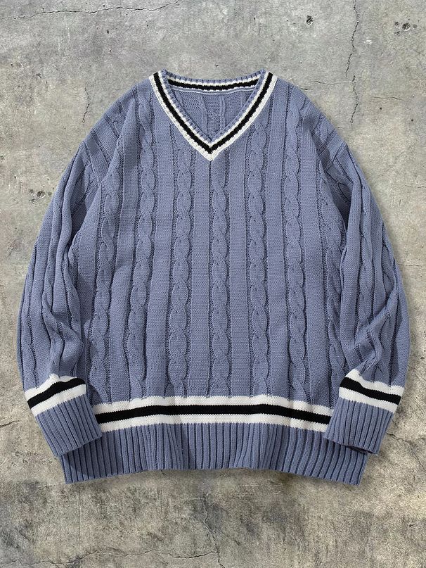 Men's Clothing College Style V Neck Knit Sweater New Loose Casual Versatile Long Sleeve Cable Knit Sweater For Men_viptrois.com