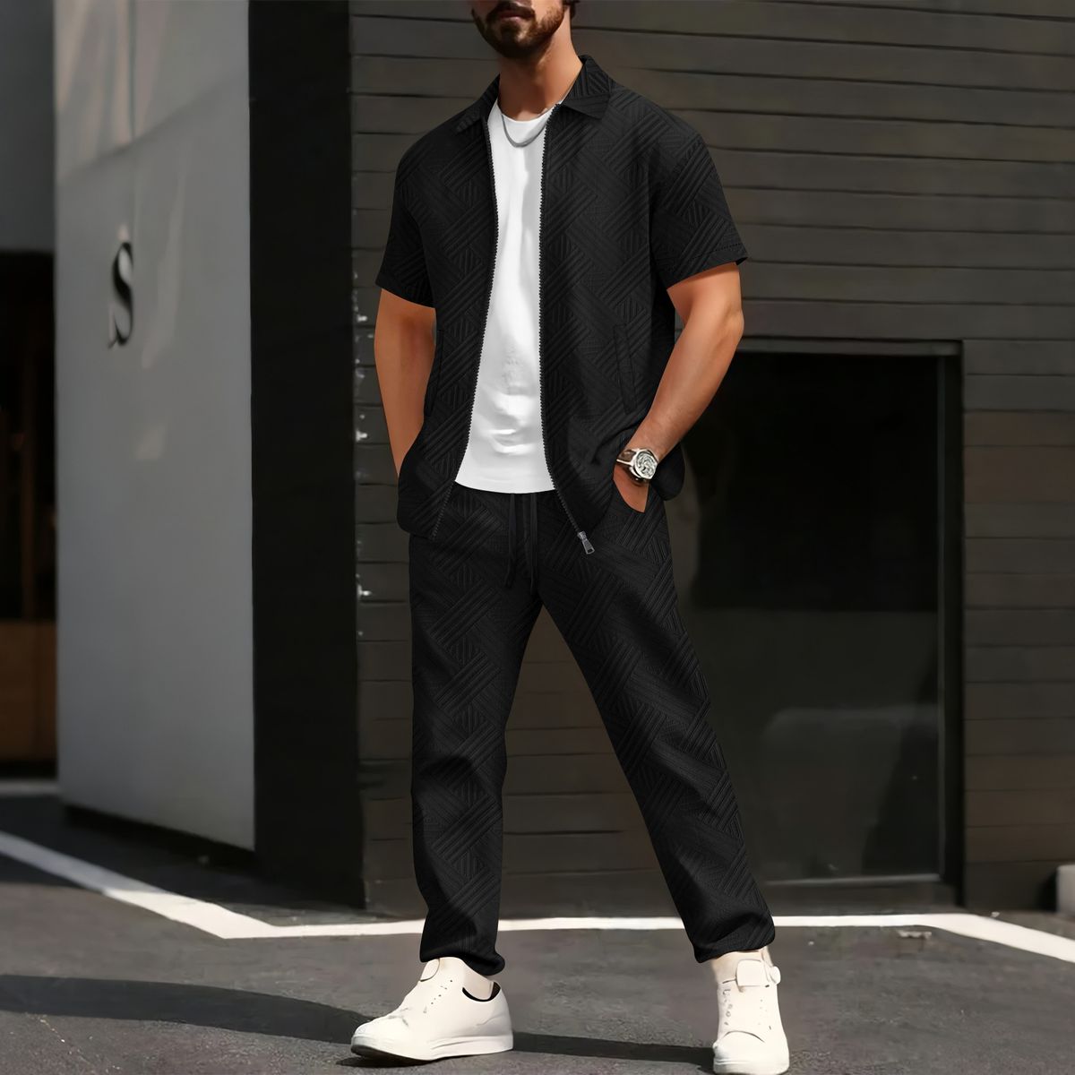 Men's Clothing Men's Summer New Solid Color Jacquard Cardigan Short Sleeved Jacket Trousers Casual Suit_viptrois.com