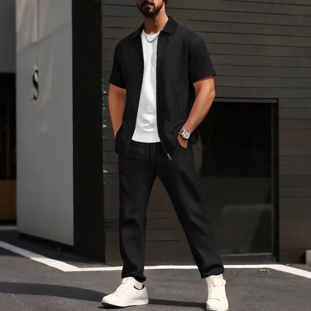 Men's Clothing Men's Summer New Solid Color Jacquard Cardigan Short Sleeved Jacket Trousers Casual Suit_viptrois.com