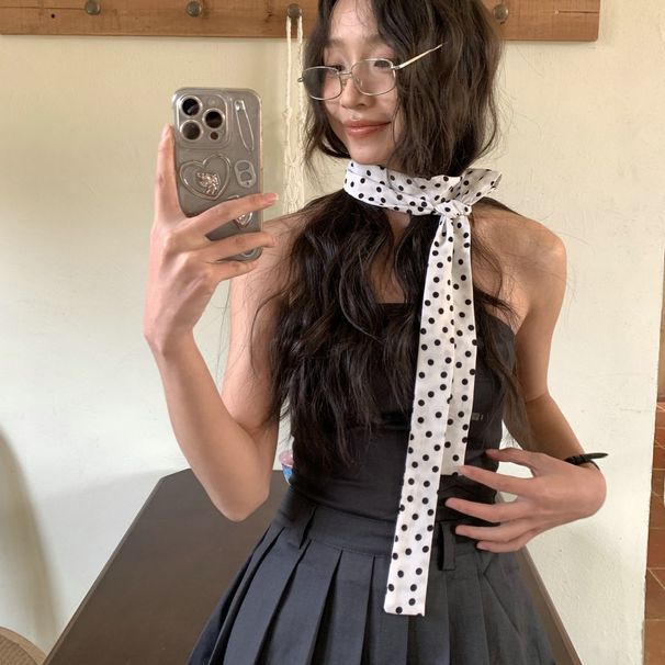 2025 Korean Style Polka Dot Long Tie Hair Band Women's Atmosphere Spring Autumn Versatile Neck Warmer Scarf_viptrois.com