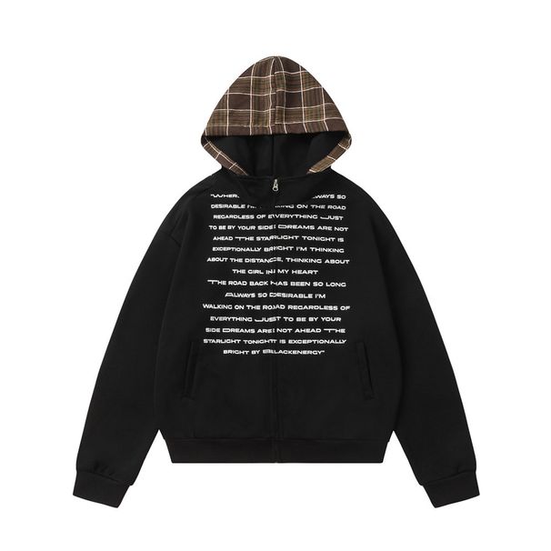 Two-Piece Patchwork Plaid Hooded Jacket Loose Casual Spring Autumn Men's English Print Zipper Cardigan Sweatshirt_viptrois.com