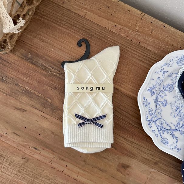 Songmu Light Retro Navy Blue "bow Knot Korean Socks Women's Mid Tube Socks Designer Pure Cotton Socks_viptrois.com