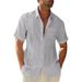 Men's Clothing Summer Long Sleeved Men's Shirts For Teenagers At Home In Solid Color Cotton And Linen Short Sleeved Lapel Shirt Tops_viptrois.com