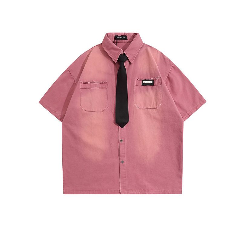 Men's Clothing Washed Retro Denim Short Sleeved Shirt Trendy College Style Loose Shirt_viptrois.com