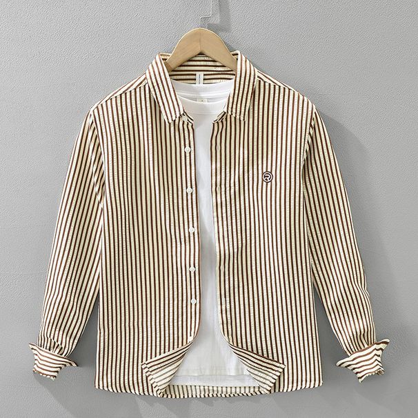 Striped Fresh Long Sleeved Shirt For Men, Fashionable And Versatile, Artistic And Casual Loose Top_viptrois.com
