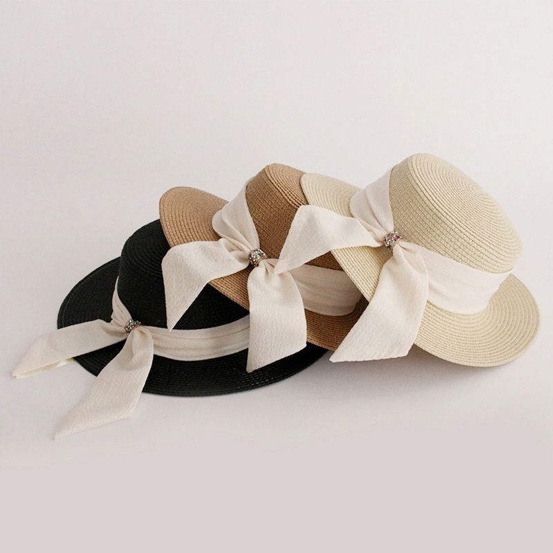 French Straw Women's Sunshade Summer Grass Knitted Flat Edge Top for Vacation, Beach Sunscreen Sun Hat_viptrois.com