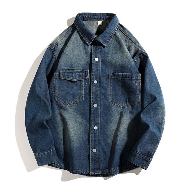American High Street Spring Autumn Washed Denim Long Sleeved Shirt, Brand Workwear, Rugged And Handsome, Old-Fashioned_viptrois.com
