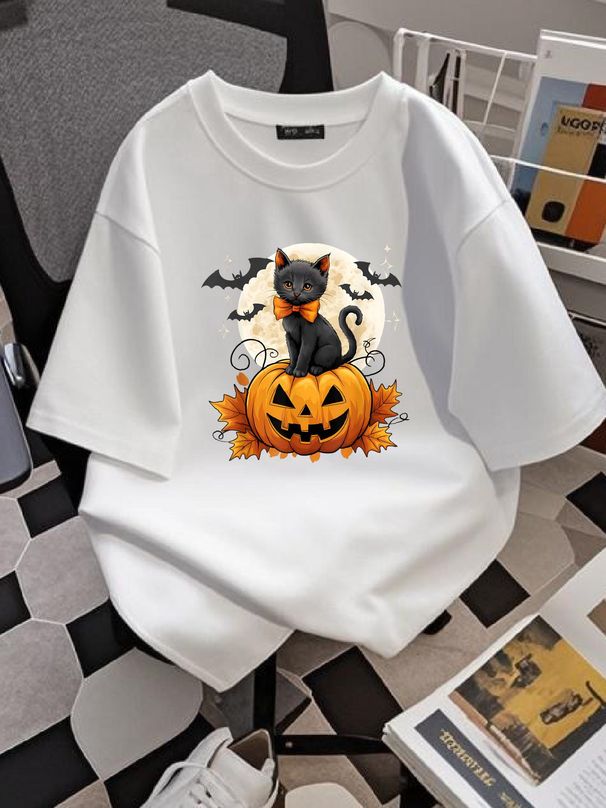 Retro Black Cat Halloween Pumpkin Costume Women Girls T-Shirt Stylish Stretched Slightly Top For Everyday Wear Streetwear Female Comfortable Breathable Women Casual Fashion Versatile Women Top Graphic Tees Summer Unisex Print Round Neck Short Sleeve_viptrois.com