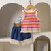 Mother & Kids Baby Girl Fashion Tassel Striped Sleeveless Top Tassel Denim Shorts Two Piece Set Cute_viptrois.com