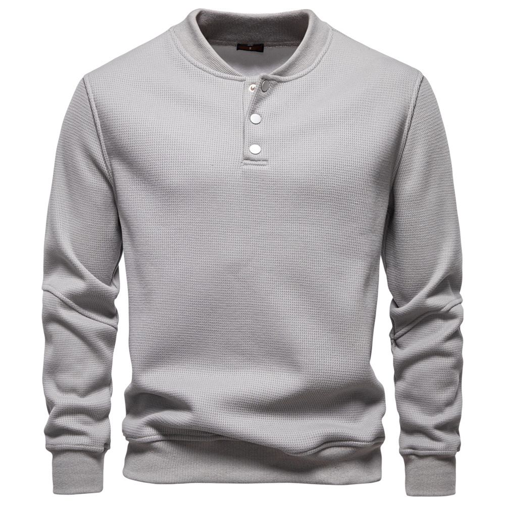 Men's Fleece-Lined Waffle Knit Baseball Collar Sweatshirt - Soft & Warm Pullover For Casual Wear (White, Navy, Black, Khaki, Denim Blue)_viptrois.com