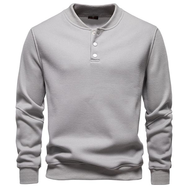 Men's Fleece-Lined Waffle Knit Baseball Collar Sweatshirt - Soft & Warm Pullover For Casual Wear (White, Navy, Black, Khaki, Denim Blue)_viptrois.com