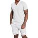 Men's Clothing Summer New Waffle V Neck Men's Short Sleeved Shorts Two Piece Lapel Polo Men's Suit_viptrois.com